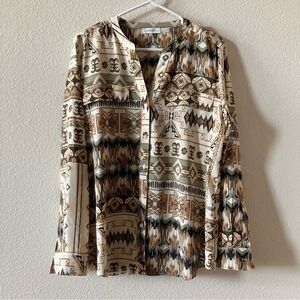 Calvin Klein Boho Aztec Geometric Artsy Lightweight Flowy Button Down Blouse L